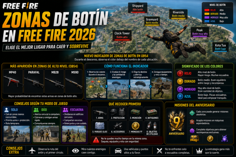 Zonas de botín en Free Fire 2026: cómo elegir dónde caer