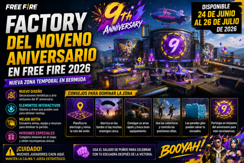 Factory del noveno aniversario en Free Fire 2026: guía completa