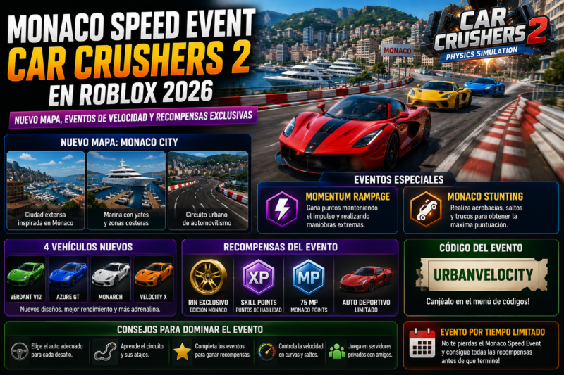 Evento Monaco Speed de Car Crushers 2 en Roblox 2026