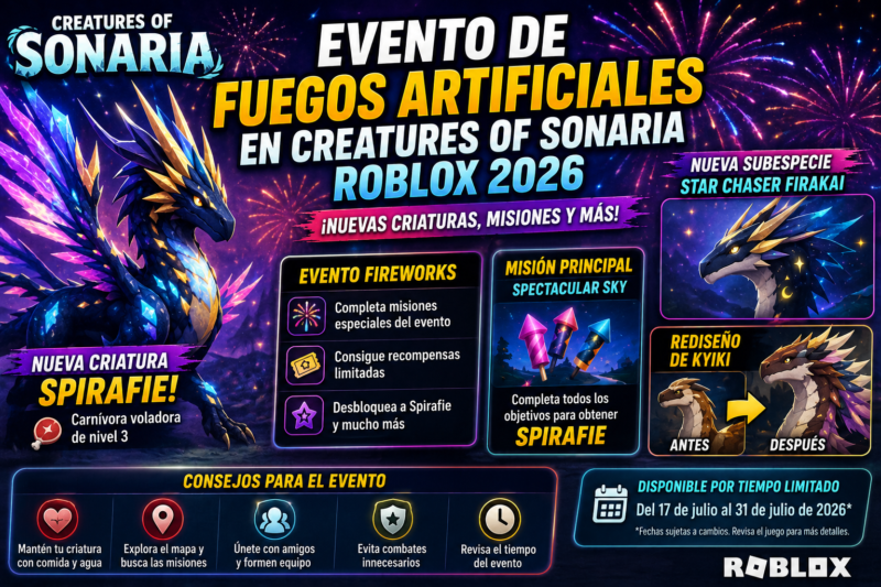 Evento de fuegos artificiales de Creatures of Sonaria 2026