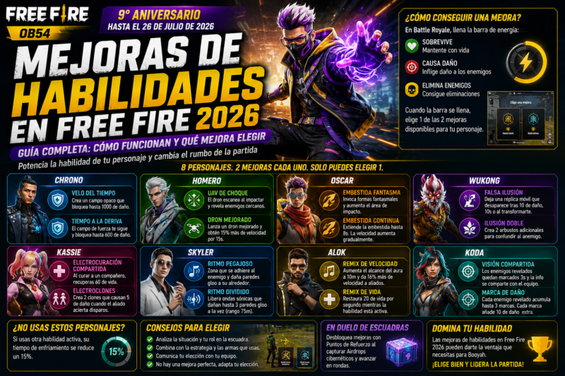 Mejoras de habilidades en Free Fire 2026: guía completa OB54